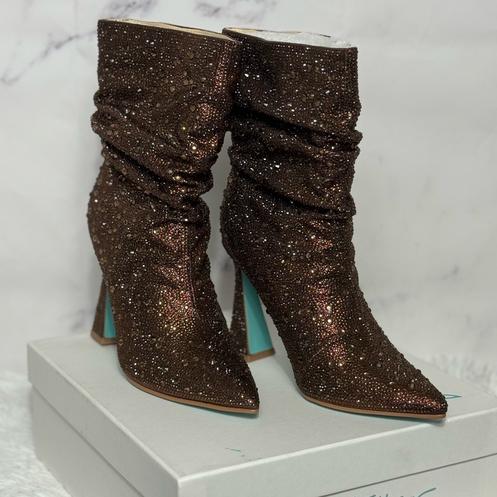 NEW in box Betsey Johnson Brown Metallic Jeweled Rhinestone Heeled Boots